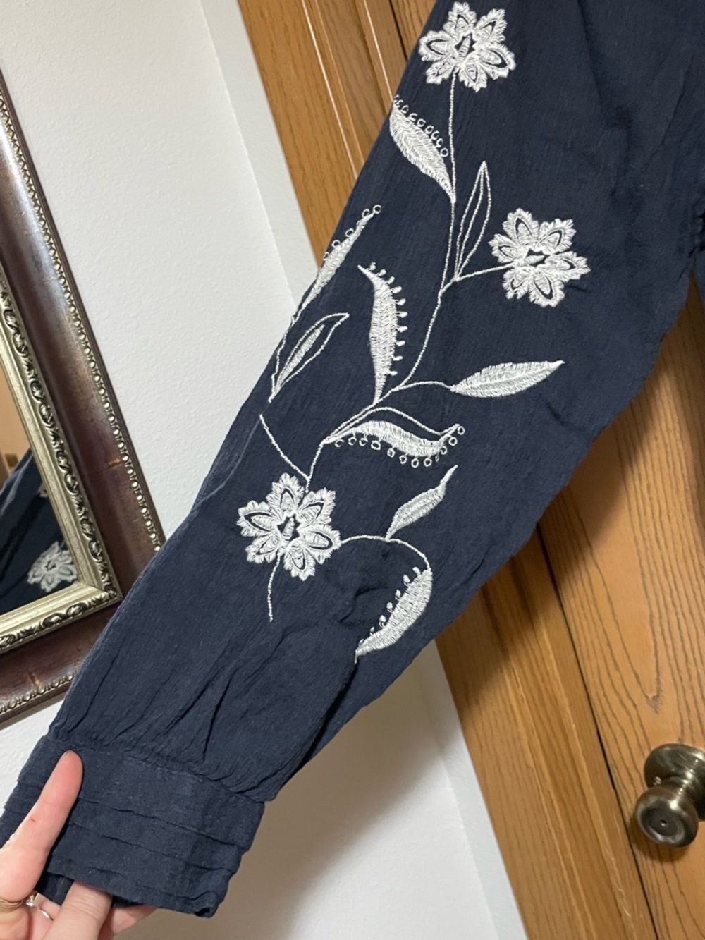 J. Jill Navy Peasant Blouse with White Floral Embroidery - Picture 3 of 6